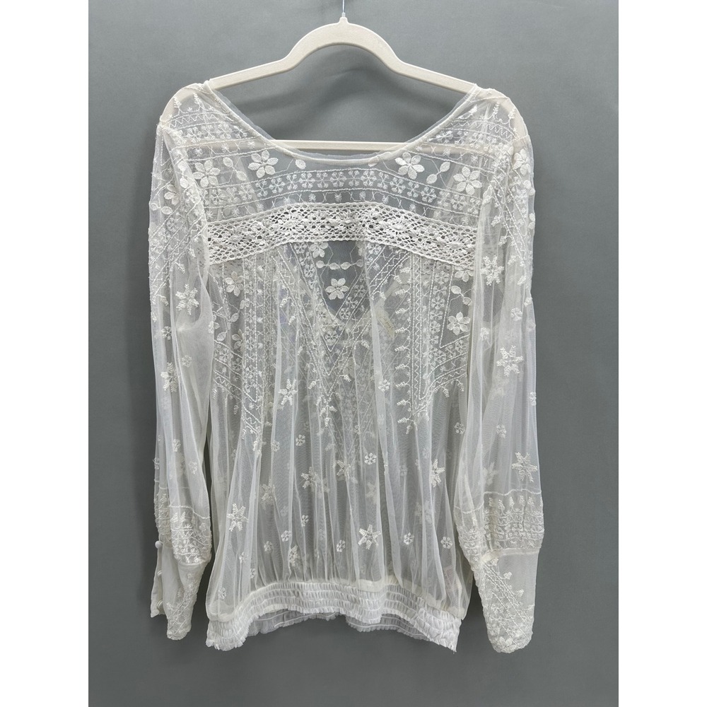 Free People Floral Mesh Lace Embroidered Top Ivory Sheer Boho Blouse Size Large